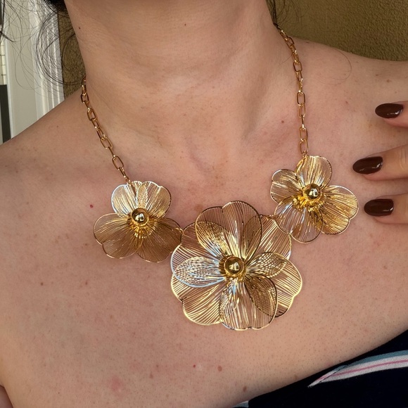 Gold Floral Statement Necklace – 3D Flower Necklace, - Picture 4 of 4